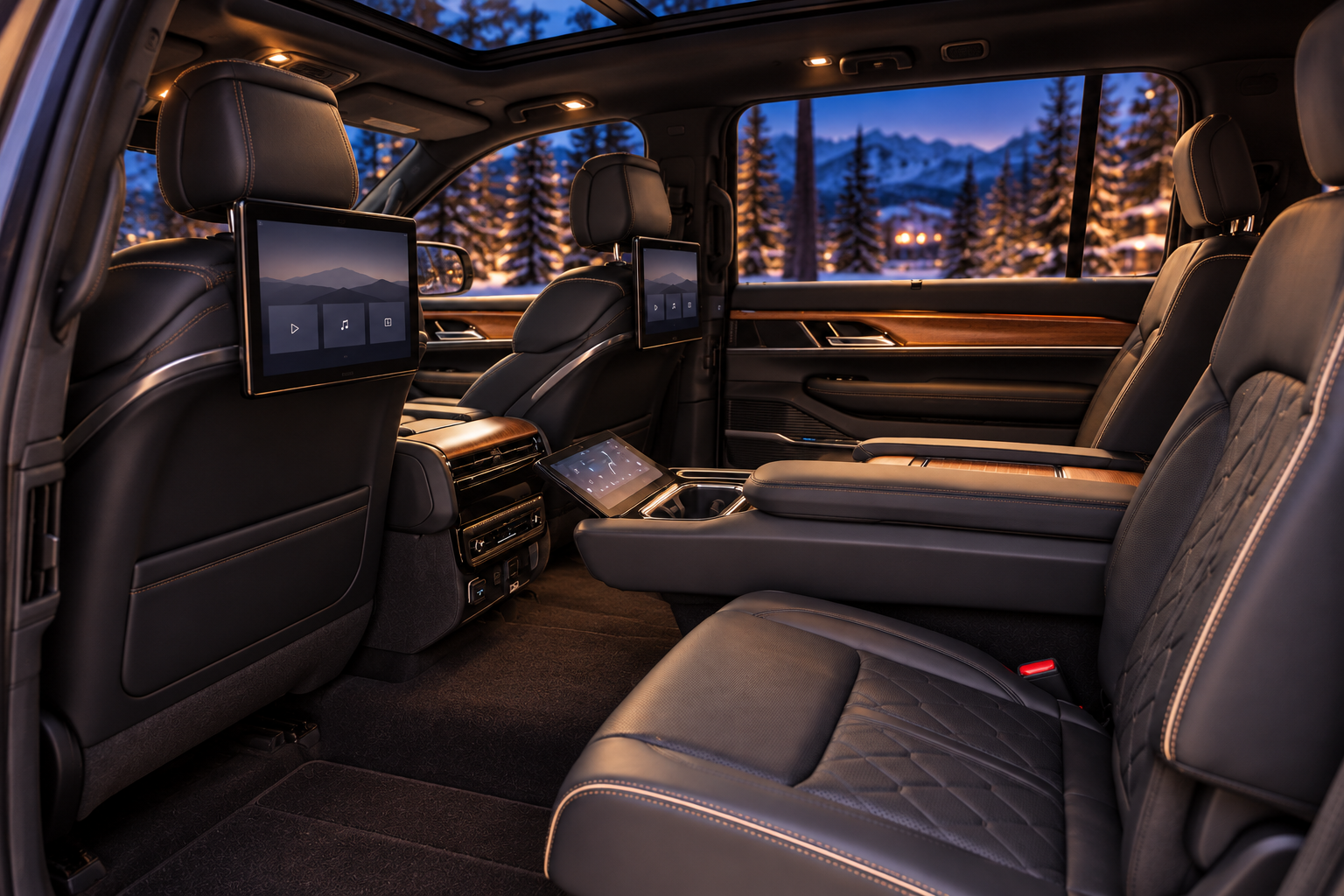 Spacious black rear cabin with captain's chairs and entertainment screens