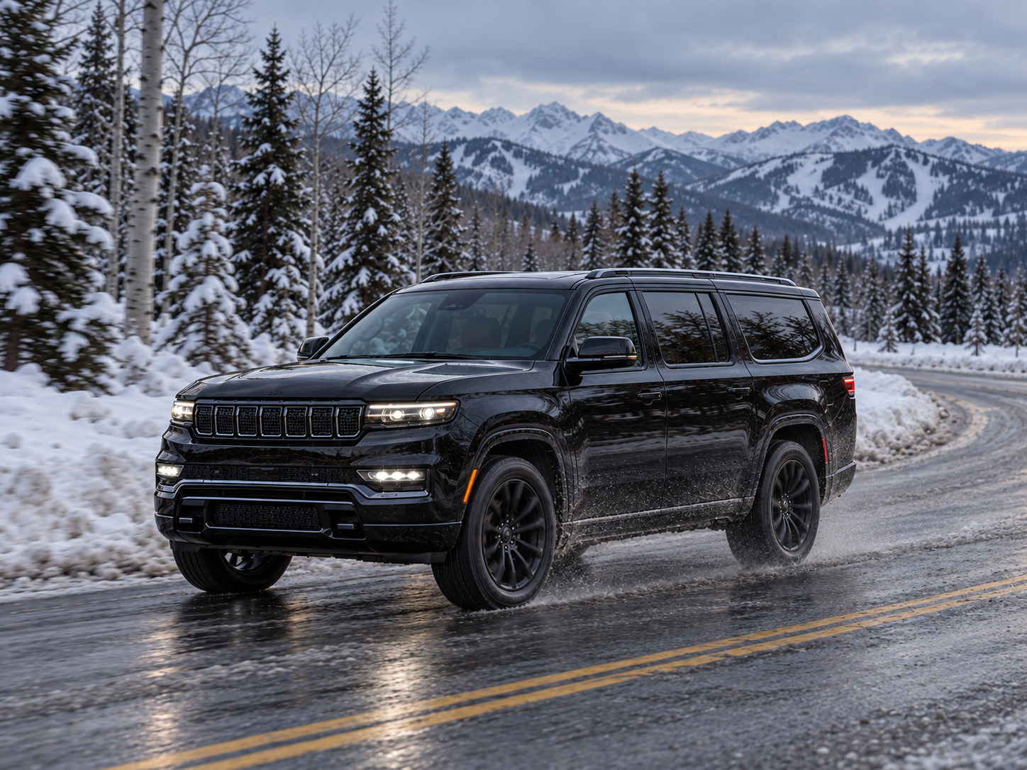 Black Grand Wagoneer L on a plowed winter road near Aspen